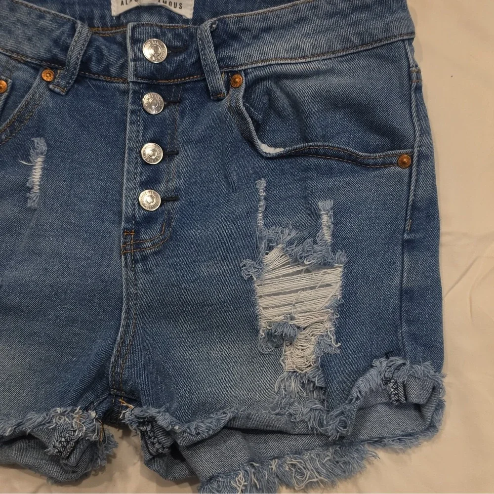 Almost Famous Juniors High Rise Distressed Cut-Off Denim Shorts 7 Blue #97